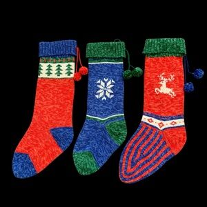3 Vintage Russ Berrie & Co Christmas Stocking Knit Tree Holiday Festive Rustic